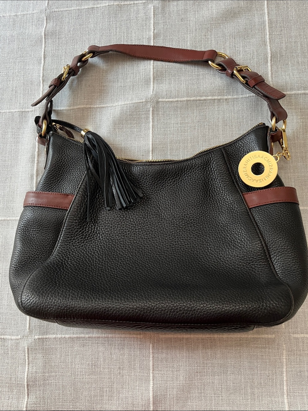 Isaac Mizrahi Black Shoulder Hobo with Brown Trim & Tassel